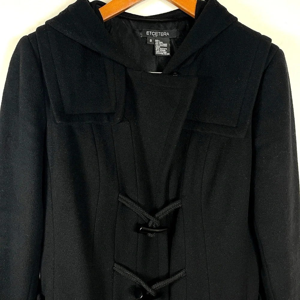 Etcetera Warm Wool Cashmere Blend Hooded Toggle Over Coat Size‎ 8 Black EUC